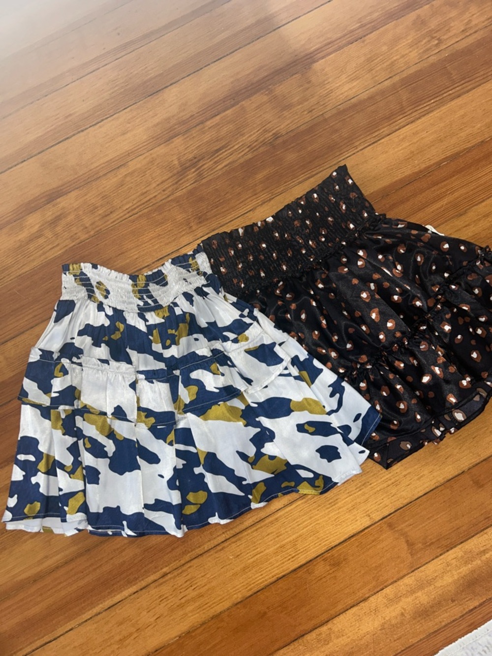 Silky Skirt Duo: Navy/White & Black/Brown Printed Tiered Skirts